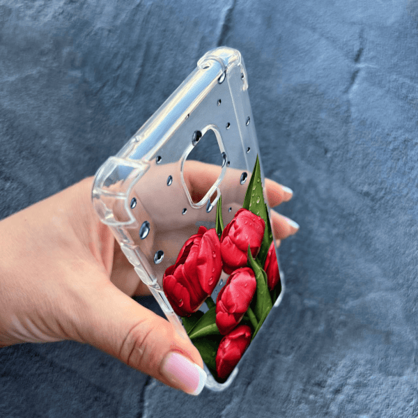 Чохол для Xiaomi Redmi Note 9s / Note 9 Pro / Note 9 Pro Max з квітами червоні тюльпани з краплями протиударний прозорий силіконовий чохол