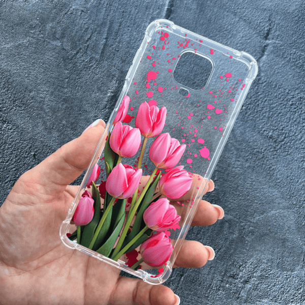 Чехол для Xiaomi Redmi Note 9s / Note 9 Pro / Note 9 Pro Max с цветами розовые тюльпаны противоударный прозрачный силиконовый чехол