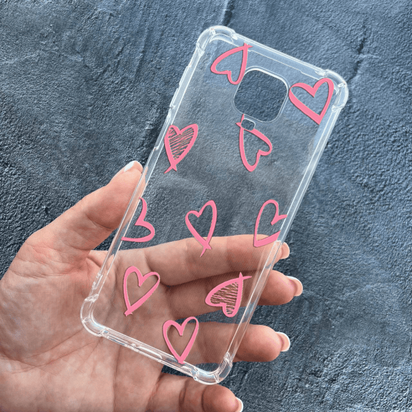Чехол для Xiaomi Redmi Note 9s / Note 9 Pro / Note 9 Pro Max с розовыми сердечками противоударный прозрачный силиконовый чехол