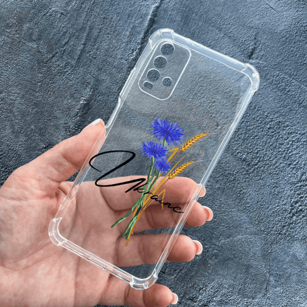 Чехол для Xiaomi Redmi 9T с защитой камеры патриотический с волошкой противоударный прозрачный силиконовый чехол