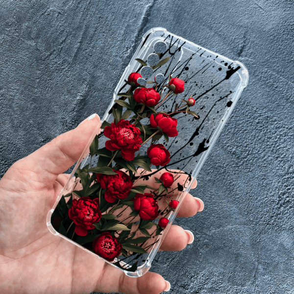Чехол для Xiaomi Redmi 9T с защитой камеры с цветами красные пионы маленькие противоударный прозрачный силиконовый чехол