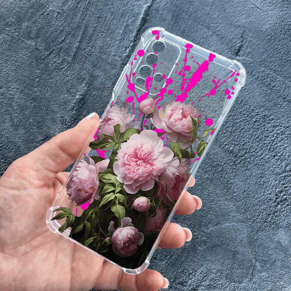 Чехол для Xiaomi Redmi 9T с защитой камеры с цветами розовые пионы противоударный прозрачный силиконовый чехол