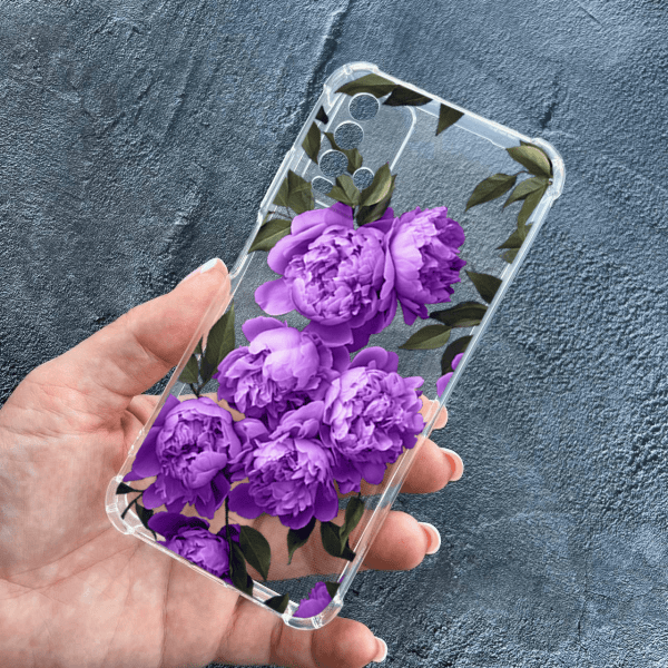 Чохол для Xiaomi Redmi 9T з захистом камери з квітами бузкові півонії протиударний прозорий силіконовий чохол