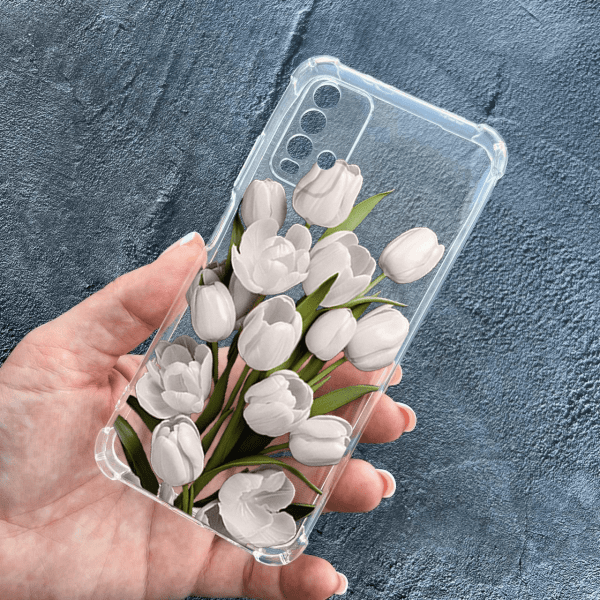 Чохол для Xiaomi Redmi 9T з захистом камери з квітами білі тюльпани протиударний прозорий силіконовий чохол