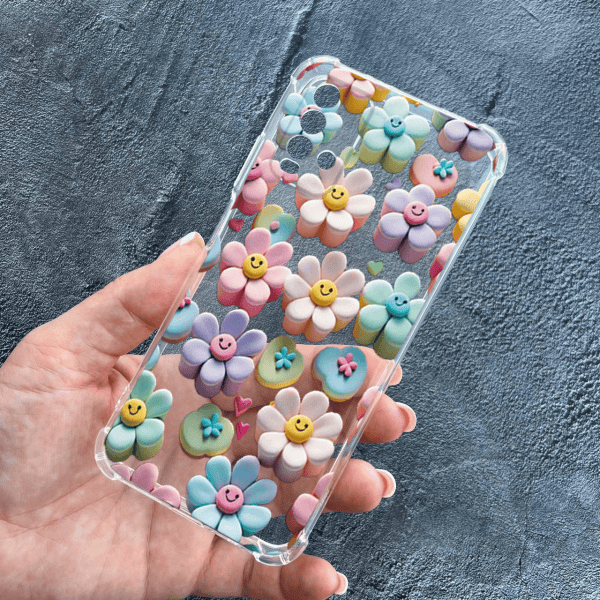 Чехол для Xiaomi Redmi 9T с защитой камеры детский с цветами и смайликами противоударный прозрачный силиконовый чехол