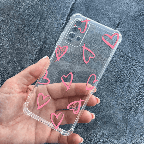 Чехол для Xiaomi Redmi 9T с защитой камеры с розовыми сердечками противоударный прозрачный силиконовый чехол