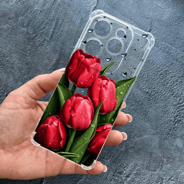 Чехол для Infinix - Hot 40 / Hot 40 Pro с защитой камеры с цветами красные тюльпаны с каплями противоударный прозрачный силиконовый чехол