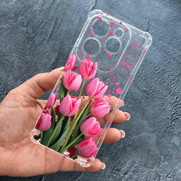 Чехол для Infinix - Hot 40 / Hot 40 Pro с защитой камеры с цветами розовые тюльпаны противоударный прозрачный силиконовый чехол