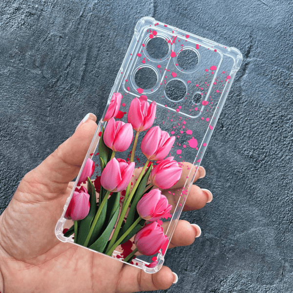 Чехол для Infinix Note 40 4G с защитой камеры с цветами розовые тюльпаны противоударный прозрачный силиконовый чехол