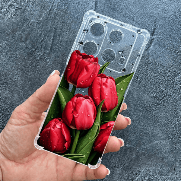Чехол для Infinix Note 40 4G с защитой камеры с цветами красные тюльпаны с каплями противоударный прозрачный силиконовый чехол