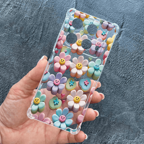 Чехол для Infinix Note 40 4G с защитой камеры детский с цветами и смайликами противоударный прозрачный силиконовый чехол