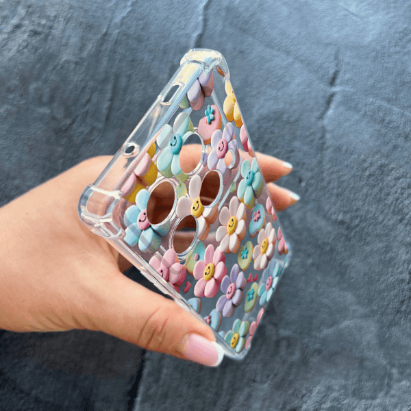 Чехол для Infinix Note 40 4G с защитой камеры детский с цветами и смайликами противоударный прозрачный силиконовый чехол
