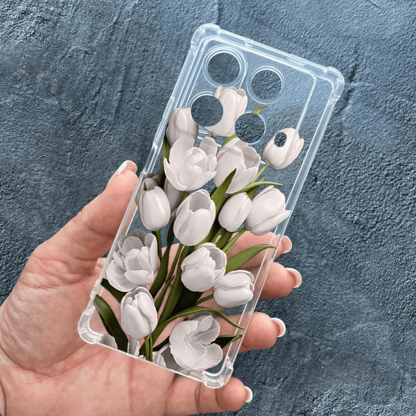 Чехол для Infinix Note 40 4G с защитой камеры с цветами белые тюльпаны противоударный прозрачный силиконовый чехол