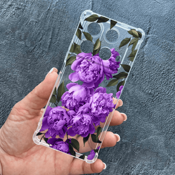 Чехол для Infinix Note 40 4G с защитой камеры с цветами лавандовые пионы противоударный прозрачный силиконовый чехол