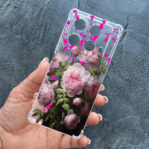 Чехол для Infinix Note 40 4G с защитой камеры с цветами розовые пионы противоударный прозрачный силиконовый чехол
