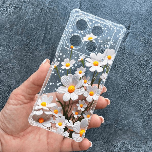 Чехол для Infinix Note 40 4G с защитой камеры с цветами ромашки белые противоударный прозрачный силиконовый чехол