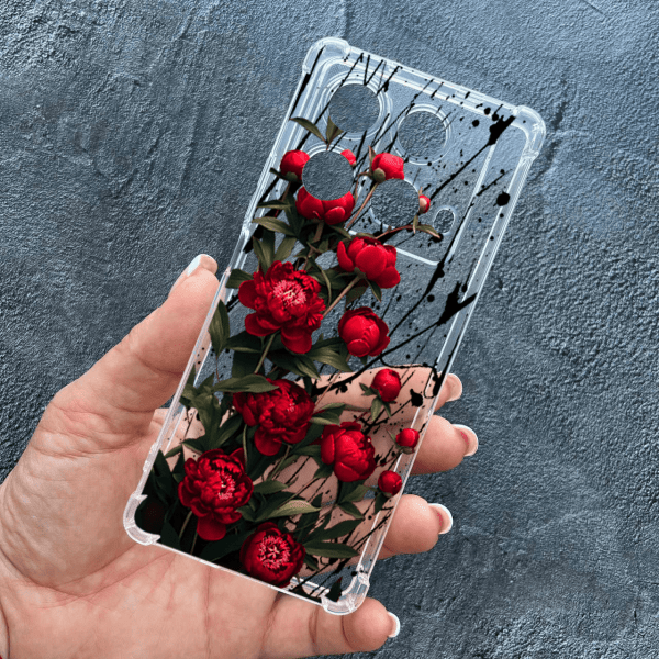 Чехол для Infinix Note 40 4G с защитой камеры с цветами красные пионы маленькие противоударный прозрачный силиконовый чехол