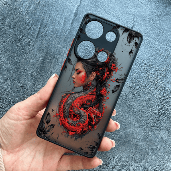 Чехол для Xiaomi Redmi Note 13 Pro 4G / Poco M6 Pro 4G / Xiaomi Redmi Note 14S с защитой камеры девушка с драконом