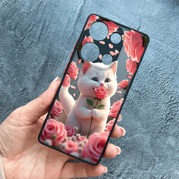 Чохол для Xiaomi Redmi Note 13 Pro 4G / Poco M6 Pro 4G / Xiaomi Redmi Note 14S з захистом камери з котиком в квітах трояндах