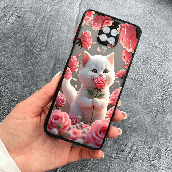 Чехол для Xiaomi Redmi Note 9s / Note 9 Pro / Note 9 Pro Max с защитой камеры с котом в цветах розах
