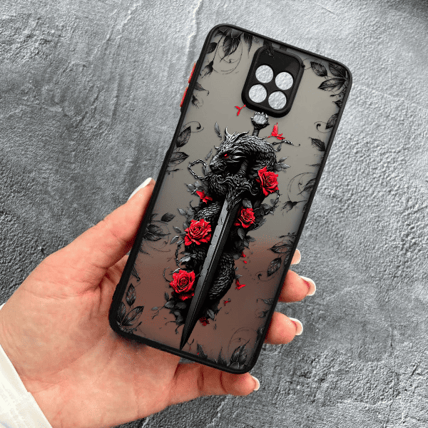 Чехол для Xiaomi Redmi Note 9s / Note 9 Pro / Note 9 Pro Max с защитой камеры дракон с мечом
