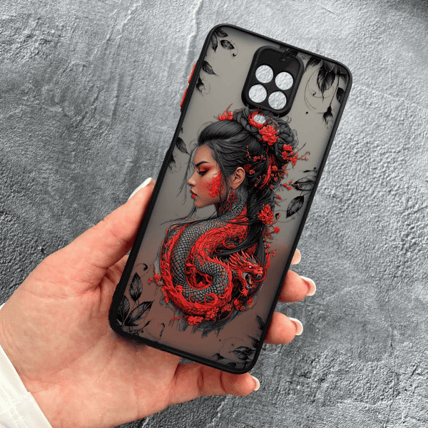 Чехол для Xiaomi Redmi Note 9s / Note 9 Pro / Note 9 Pro Max с защитой камеры девушка с драконом