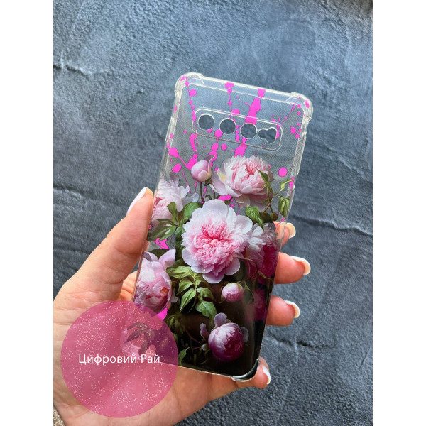 Чехол для Samsung Galaxy S10 Plus с защитой камеры с цветами розовые пионы противоударный прозрачный силиконовый чехол
