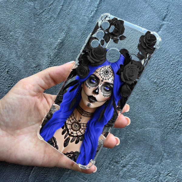 Чохол для Motorola G60 із захистом камери протиударний прозорий силіконовий чохол дівчина Санта-Муерте у трояндах