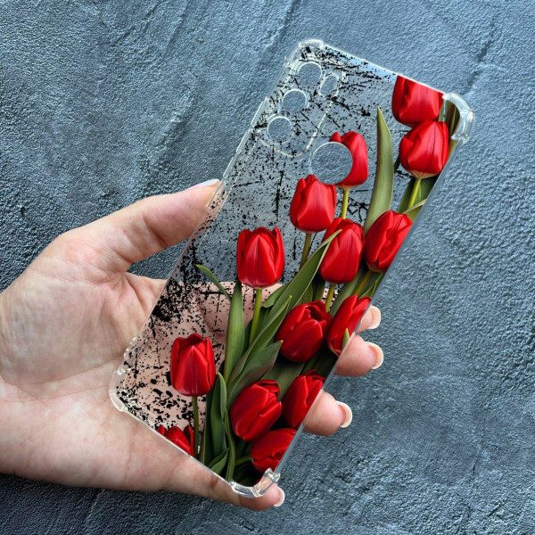 Чехол для Motorola G60 с защитой камеры противоударный прозрачный силиконовый чехол красные тюльпаны