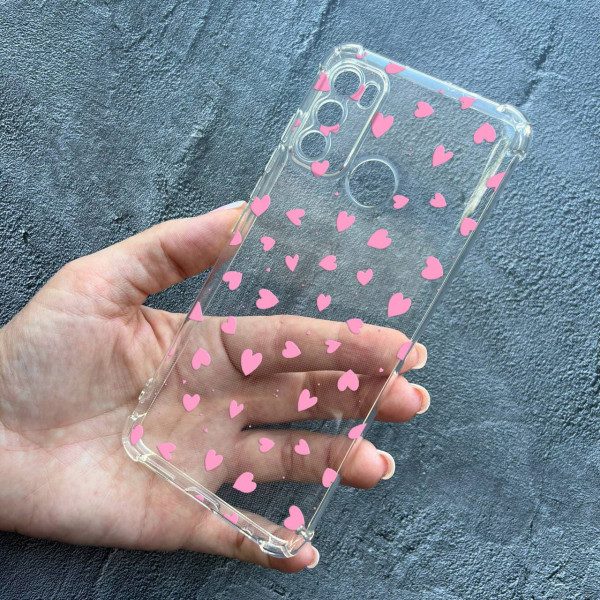 Чехол для Motorola G60 с защитой камеры противоударный прозрачный силиконовый чехол розовые сердечки