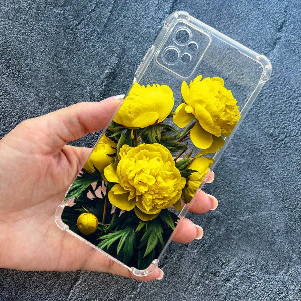 Чехол для Motorola G32 с защитой камеры противоударный прозрачный силиконовый чехол желтые пионы