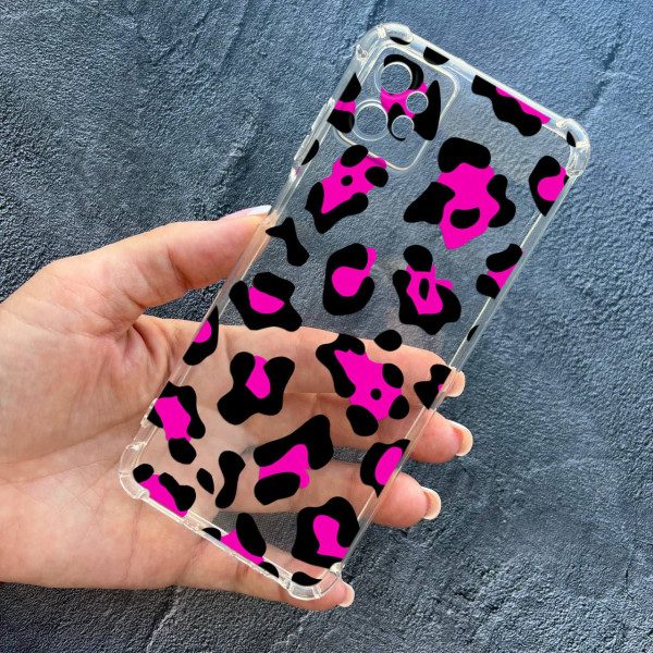 Чохол для Motorola G32 із захистом камери протиударний прозорий силіконовий чохол з леопардом рожевим