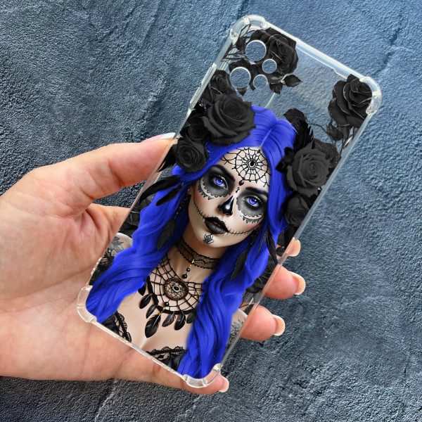 Чохол для Motorola G32 із захистом камери протиударний прозорий силіконовий чохол дівчина Санта-Муерте у трояндах