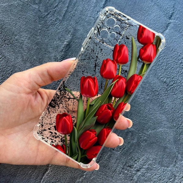 Чохол для Motorola G32 із захистом камери протиударний прозорий силіконовий чохол червоні тюльпани