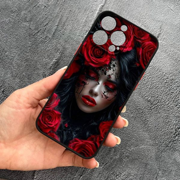 Чохол для iPhone 15 Pro Max з захистом камери дівчина муерта в квітах червоні троянди