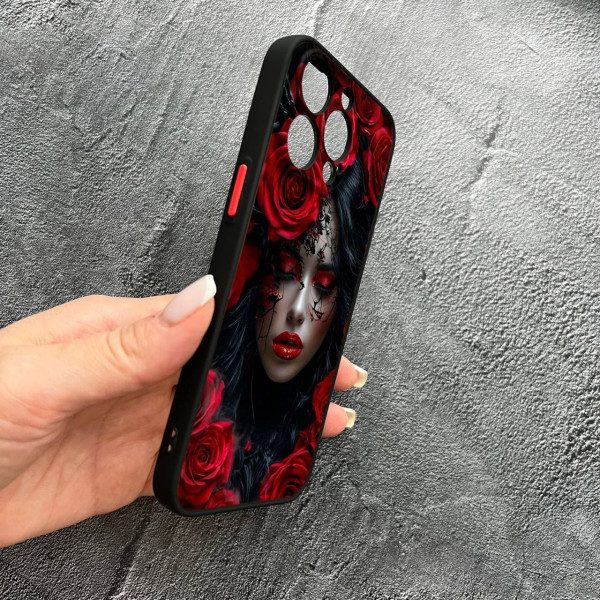 Чохол для iPhone 15 Pro Max з захистом камери дівчина муерта в квітах червоні троянди