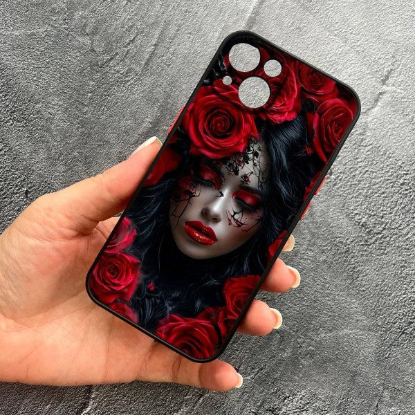 Чохол для iPhone 14 з захистом камери дівчина муерта в квітах червоні троянди