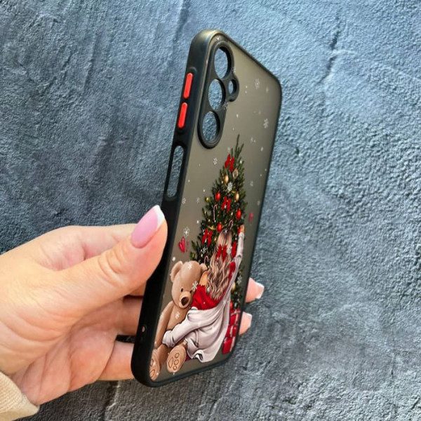 Чохол для Samsung Galaxy A14 з захистом камери новорічний дівчина з плюшевим ведмедем і ялинкою
