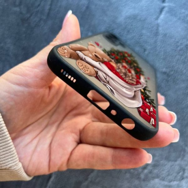 Чехол для Samsung Galaxy A14 с защитой камеры новогодняя девушка с плюшевым медведем и елкой