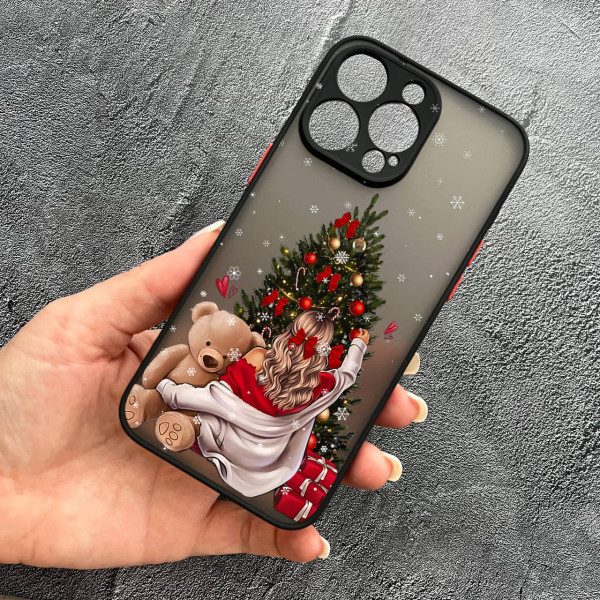 Чохол для iPhone 13 Pro з захистом камери новорічна дівчина з плюшевим ведмедем і ялинкою