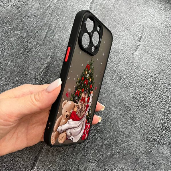 Чохол для iPhone 13 Pro з захистом камери новорічна дівчина з плюшевим ведмедем і ялинкою
