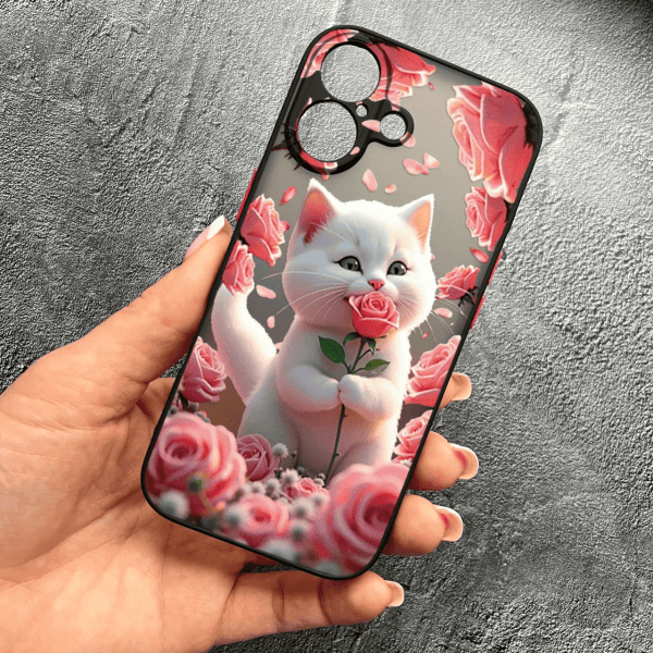 Чехол для iPhone 17 с защитой камеры с котом в цветах розах