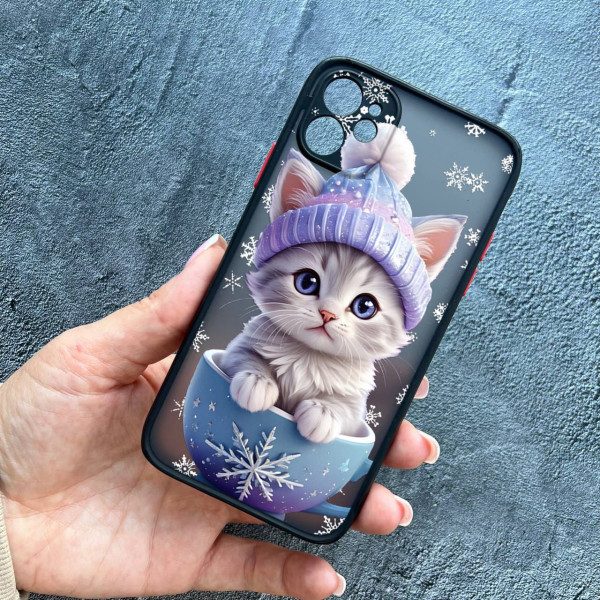 Чохол для iPhone 12 з захистом камери новорічне кошеня в чашці