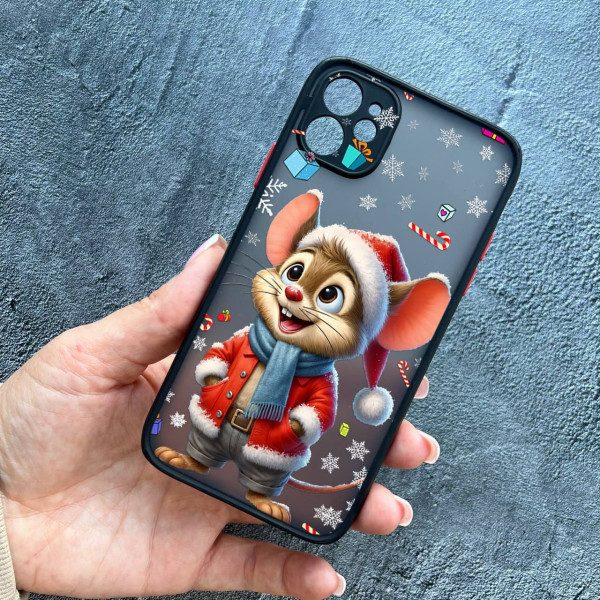 Чохол для iPhone 12 з захистом камери новорічне мишеня в костюмі санти