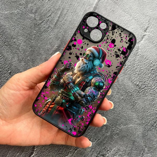 Чехол для iPhone 15 plus с защитой камеры новогодний Санта Киберпанк