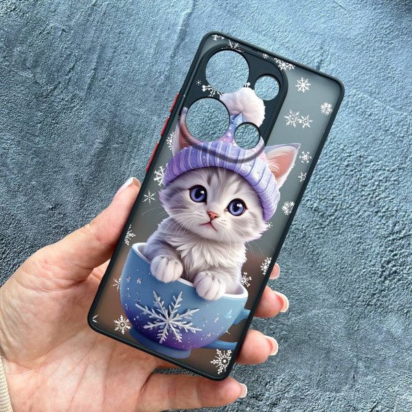 Чохол для Xiaomi Redmi Note 13 Pro 4G / Poco M6 Pro 4G / Xiaomi Redmi Note 14S  з захистом камери новорічне кошеня в чашці