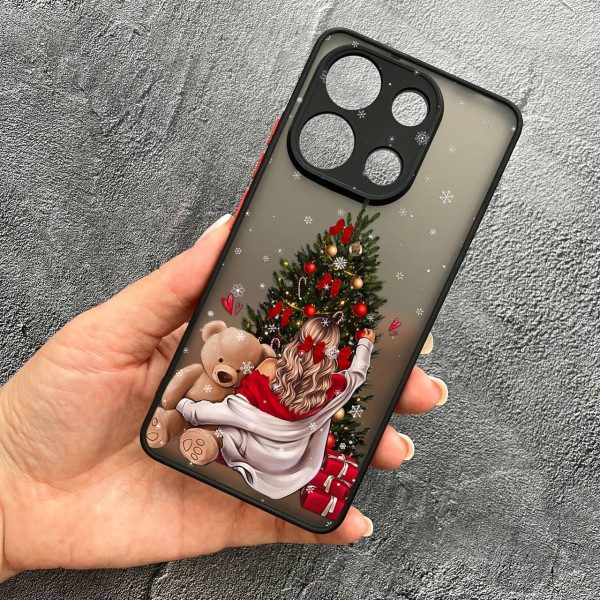 Чохол для Xiaomi Redmi Note 13 4G з захистом камери новорічна дівчина з плюшевим ведмедем і ялинкою