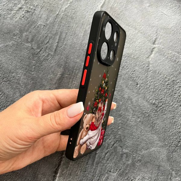 Чохол для Xiaomi Redmi Note 13 4G з захистом камери новорічна дівчина з плюшевим ведмедем і ялинкою