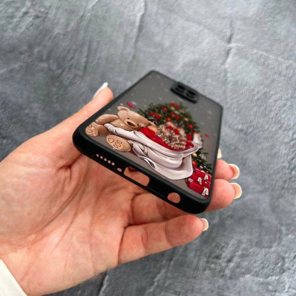 Чехол для Xiaomi Redmi Note 9s / Note 9 Pro / Note 9 Pro Max с защитой камеры новогодняя девушка с плюшевым медведем и елкой
