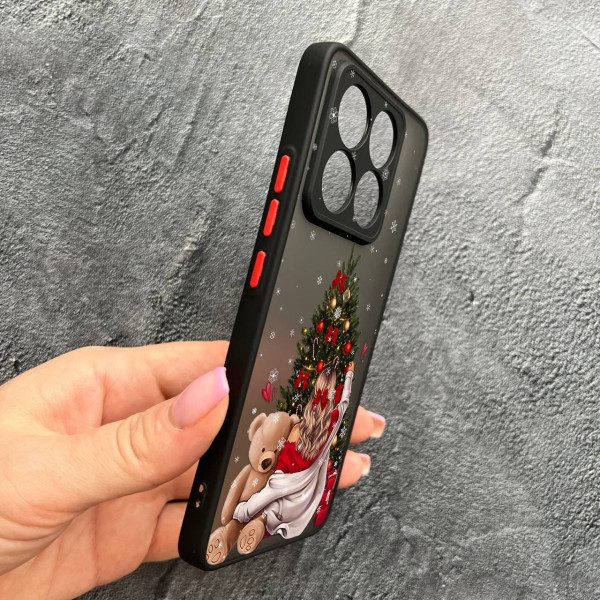 Чохол для Xiaomi 14T захистом камери новорічна дівчина з плюшевим ведмедем і ялинкою